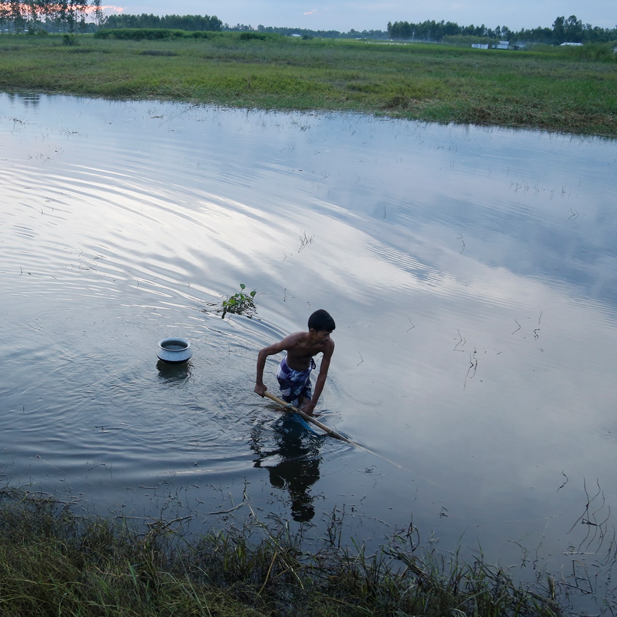 A boy working in a river field in Bangladesh at sunrise