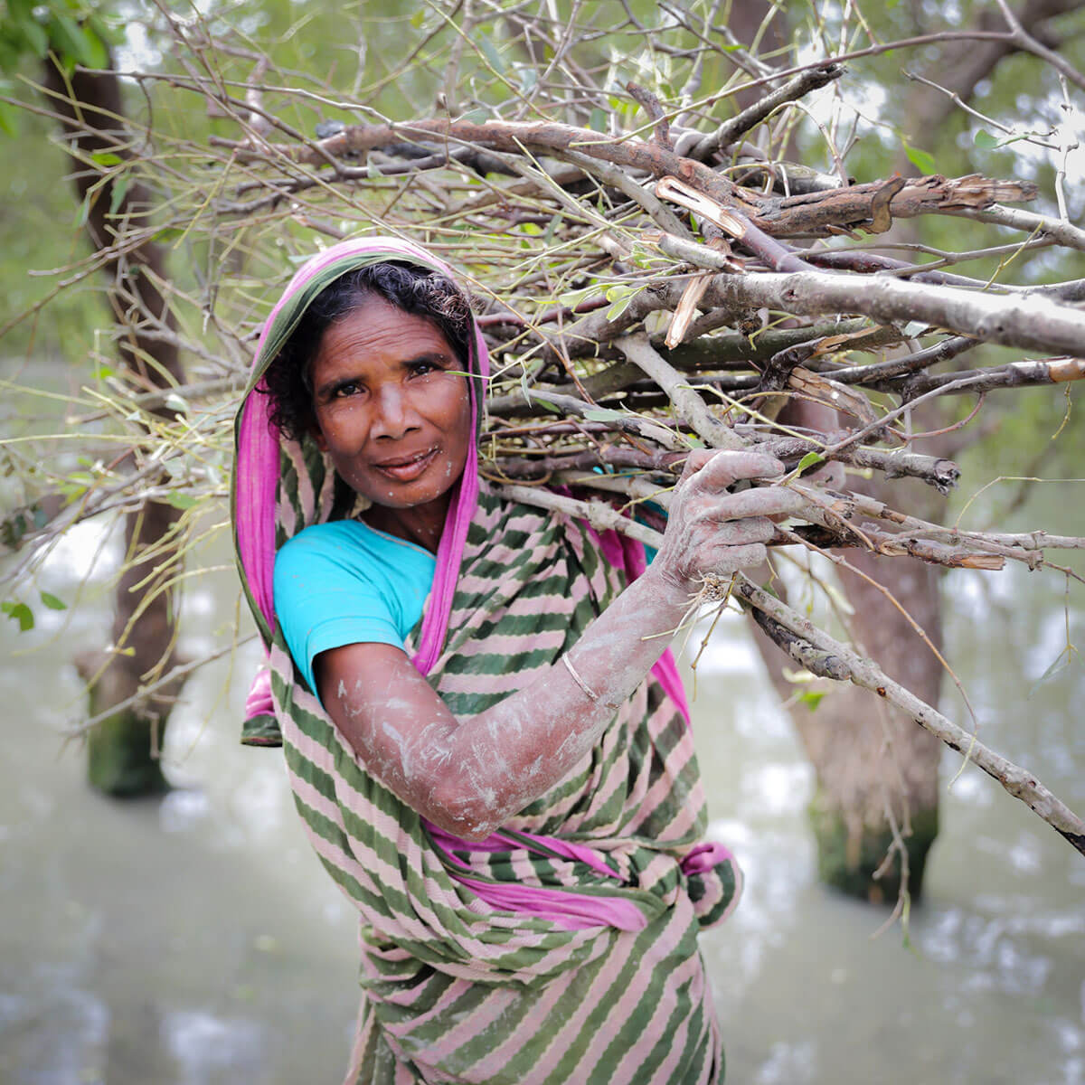 A woman with a bundle of sticks on her shoulder