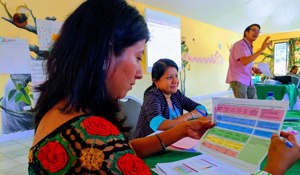 Two Indigenous women participate in a training and induction session for the Camino Verde program in Guatemala.