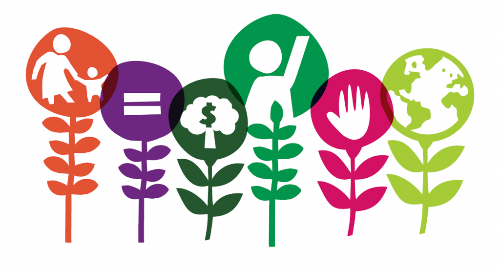 Six illustrated flowers with stems and leave but with symbols where there should be blooms. From left to right: an orange flower with an adult taking care of a child, a purple flower with the equality symbol, a dark green flower with a plant growing and a dollar sign in the middle, a light green flower with a figure raising a hand into the air, a hot pink flower with a cartoon depiction of the palm of a hand and a bright green flower with a globe inside it.
