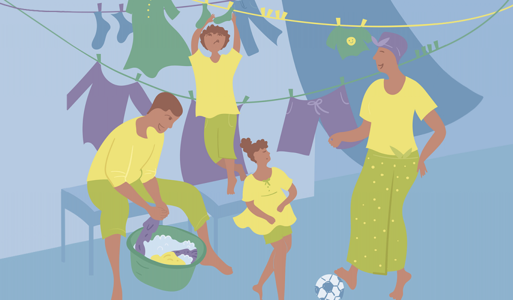 Vector illustration of four person household. Laundry lines in the back with father folding laundry, two kids helping out with mother and soccer ball by her foot.