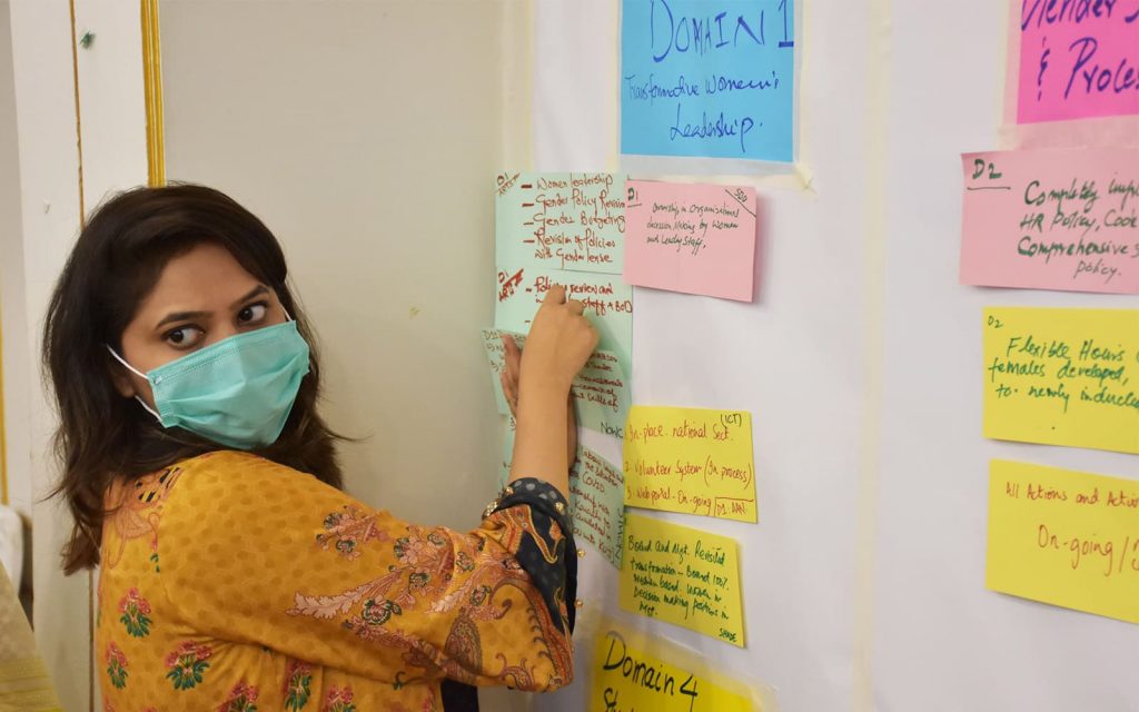 A woman wearing a mask in Pakistan is placing sticky notes on a white board