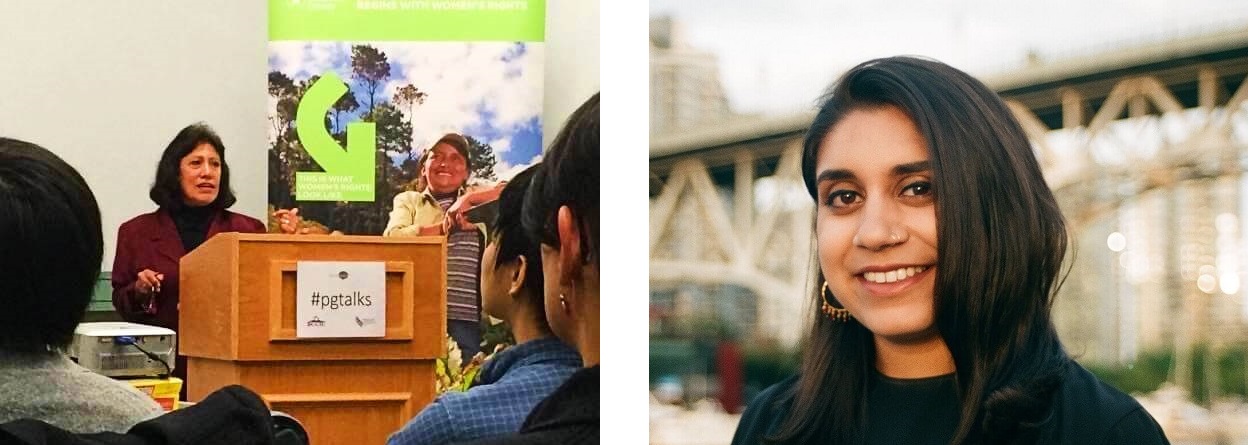 A Guatemalan woman stands behind a podium at a speaking event and a young South Asian woman stands smiling. 