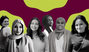 A collage of black-and-white headshots of six young women of varying skin tones, two wearing headscarves, is arranged against a background of bright green and dark purple swirls.