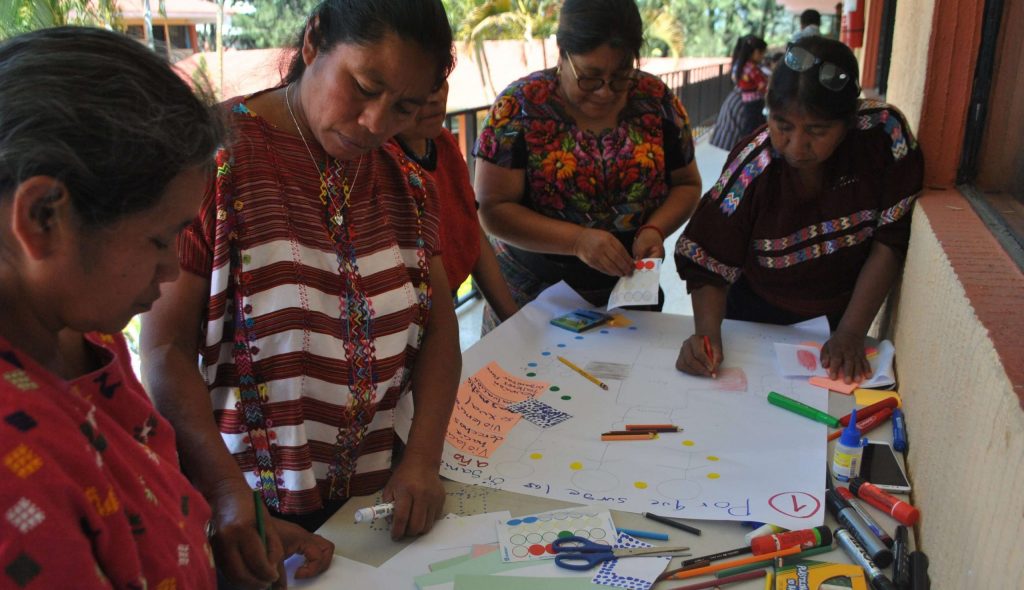 A group of Indigenous women draw charts and place stickers on them during a leadership workshop.