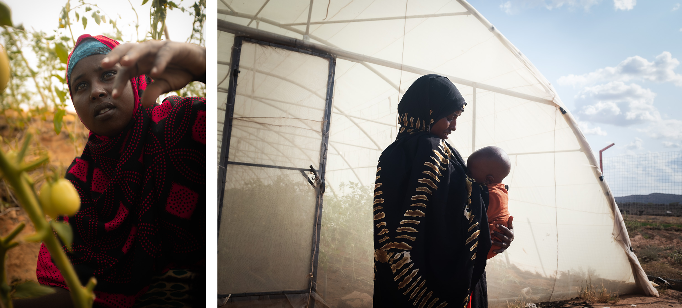 L-R: A young woman picks a tomato inside the community greenhouse. Ayan and her child outside a greenhouse in Somaliland. Photo: Caroline Leal/Oxfam