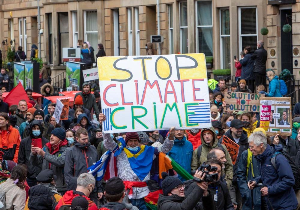 A crowd of protestors during a climate march.