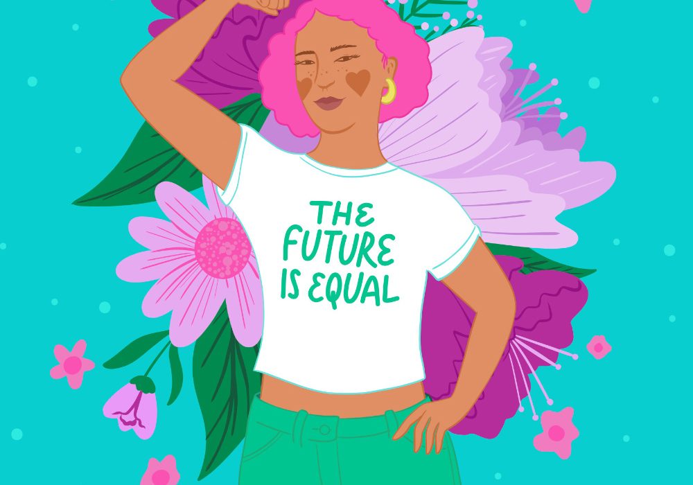 An illustration of a woman wearing a shirt that reads ‘The Future Is Equal’ raising her arm, flexing her bicep.